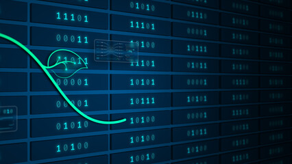 Glowing plant circuit flowing across binary server grid symbolizing sustainable AI, glassmorphism illustration