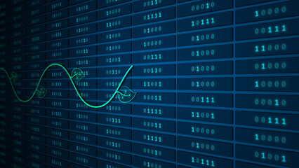 Glowing plant circuit flowing across binary server grid symbolizing sustainable AI illustration