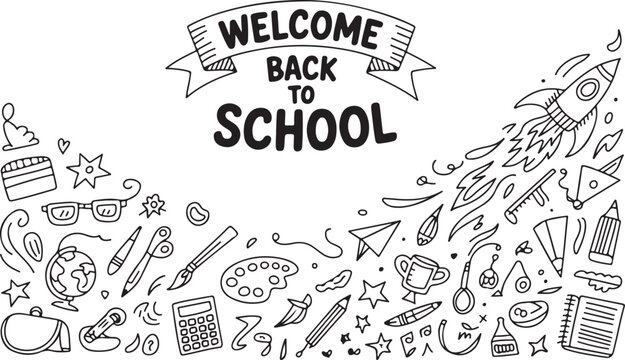 Joyful welcome back to school banner surrounded by educational doodles and learning supplies