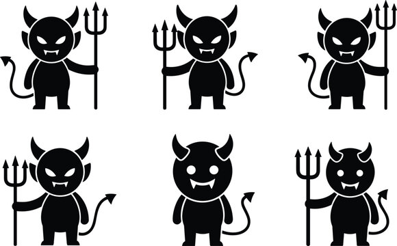 Black vector silhouette set of cute little devils for concepts of Halloween mystery hell evil monsters fantasy and spooky branding