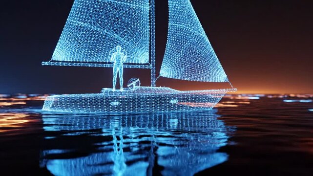 Glowing blue wireframe sailboat with a digital human figure on vibrant water at night