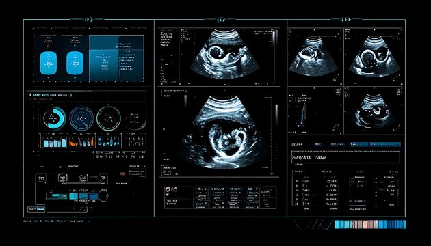 A medical imaging interface displaying multiple fetal ultrasound scans