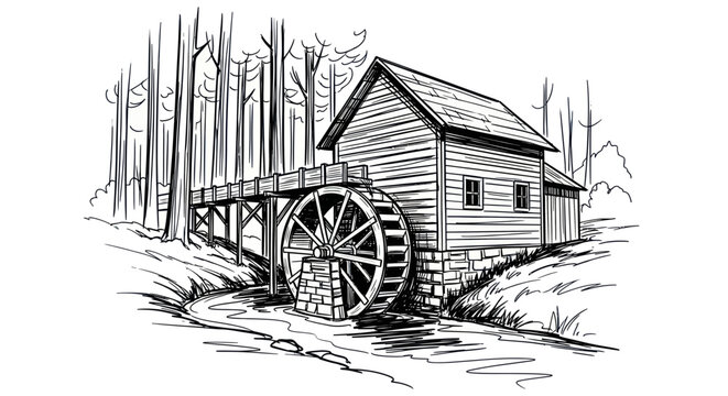 Rustic Watermill in Forest - Hand Drawn Sketch Illustration