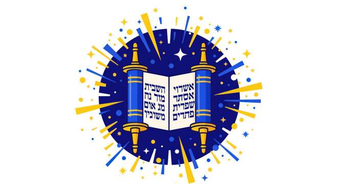 Torah scroll with Hebrew text, festive background, Jewish holiday celebration