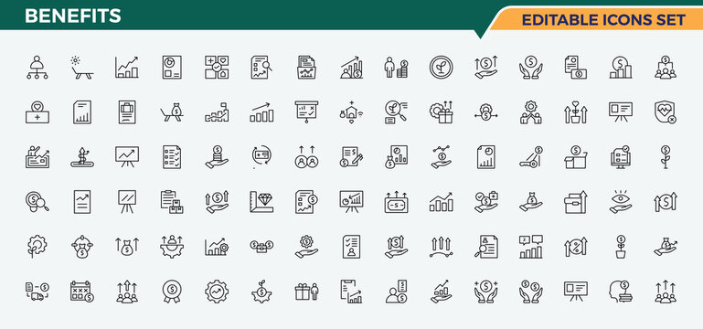 Benefits vector line icon set. Bonus icon set. Minimalist linear icons. Related to employee benefit, reward, benefit, gift and more. Editable stroke. Vector collection.