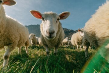 Obraz premium Flock of Curious Sheep Grazing in a Green Summer Meadow in the Mountains, Close Up View of Livestock Pasturing for Agriculture and Sustainable Farming Website