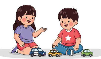Cute Cartoon Illustration of Little Boy and Girl Sitting on Floor Playing with Toy Police Car Taxi and Green Vehicle © Hadiul