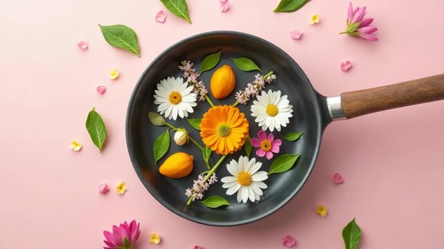 Creative flat lay composition with assorted flowers, leaves, and apricots placed in a frying pan on pastel pink background. Spring, summer, freshness and food concept.