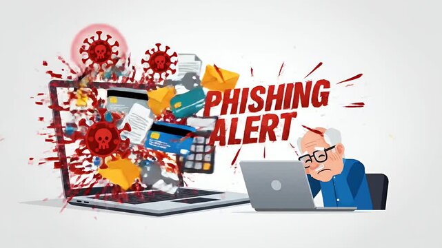 Senior Man Scared of Cyber Attack Laptop Displaying Virus and Credit Cards