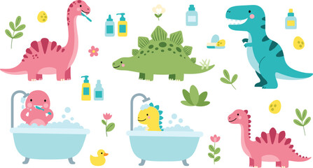 Cute Dinosaurs Bath Time Collection with Cartoon Prehistoric Animals Washing in Bathtub Kids Hygiene and Baby Care Vector Illustration Set © Sanjida Creative