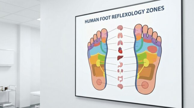Human foot reflexology zones diagram.