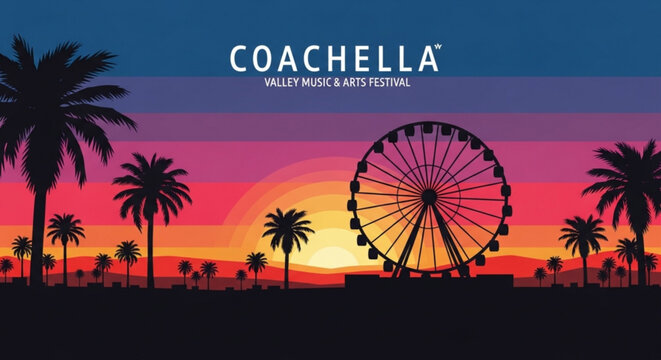 Coachella valley music arts festival at sunset with ferris wheel and palm trees