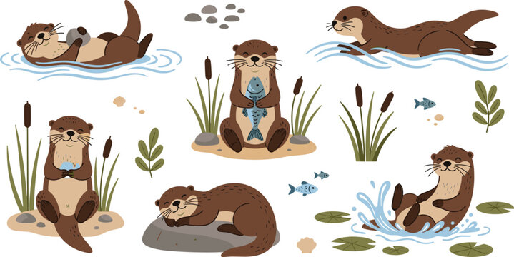 Cute Otter Cartoon Collection with River Animals Swimming Playing and Holding Fish Nature Wildlife Vector Illustration Set