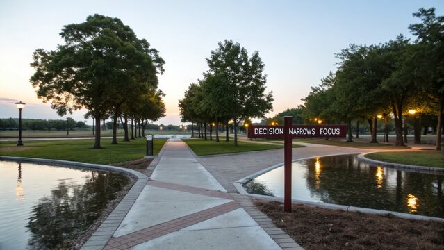 Tranquil Pathway in a Park with Inspirational Signage for Decision Making and Personal Growth at Sunrise