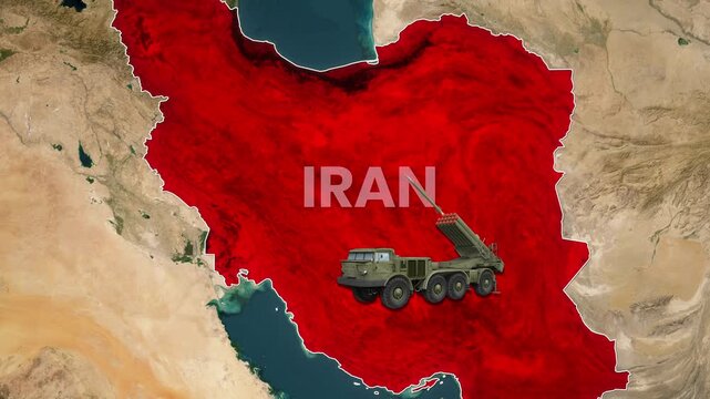 Missile launch simulation over an Iran map, animated military concept