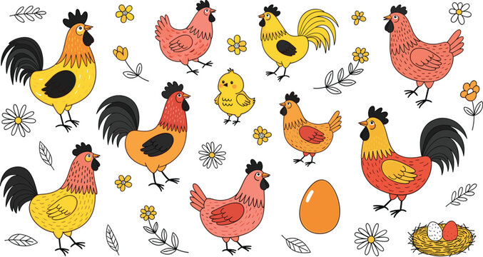 PrintCute Chicken Farm Collection with Roosters Hens Chicks Eggs and Nest Rustic Country Style Cartoon Vector Illustration Set