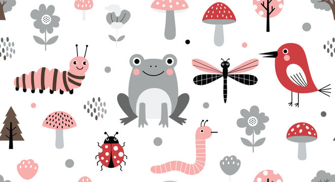 Cute Forest Animal Pattern with Frog Bird Insects Mushrooms and Flowers Seamless Woodland Nature Background Cartoon Vector Illustration