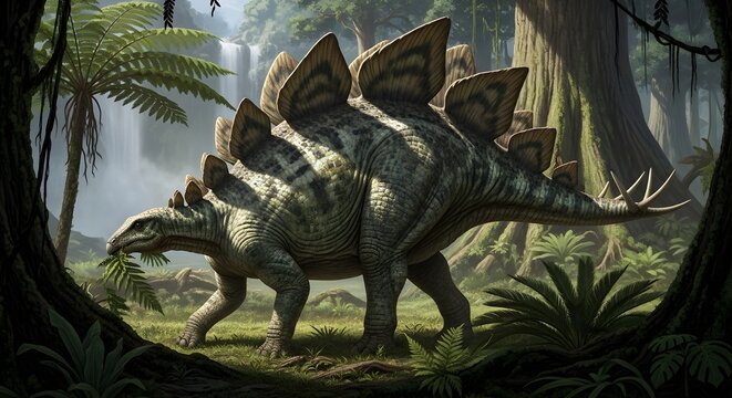 stegosaurus dinosaur walking, prehistoric animal from the Jurassic period, armored herbivore