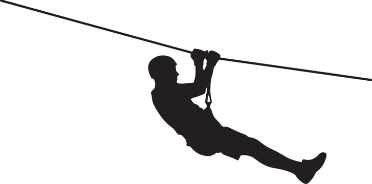 Silhouette of a person on a zip line isolated on white background