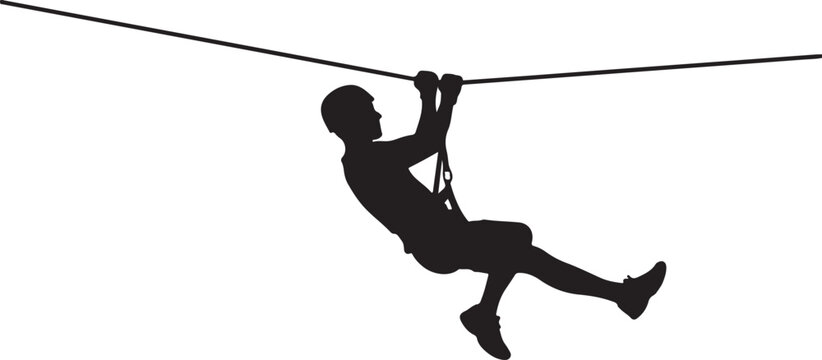 Silhouette of a Man Zip Lining Isolated on White Background
