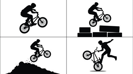 Naklejka premium BMX cyclist silhouettes performing jumps and tricks, freestyle biking action set, black vector illustration for extreme sport, stunt riding and urban cycling conceptBMX cyclist silhouettes performing 