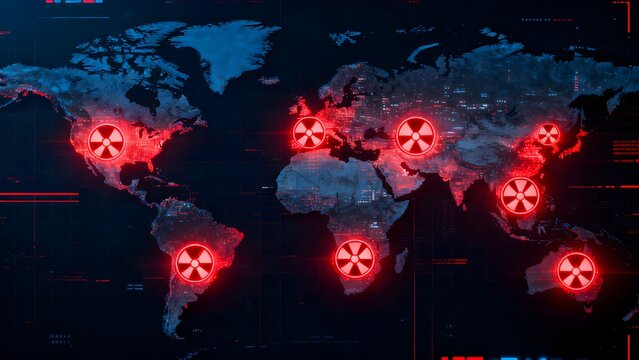Global threat monitoring display illustrating multiple red glowing nuclear radiation symbols positioned strategically across continents on a dark map interface.