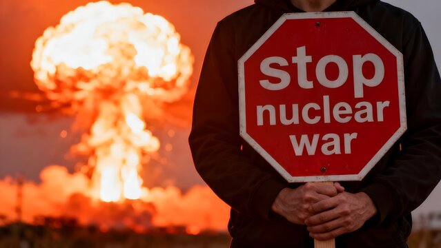Protester holding a prominent red stop nuclear war sign demanding peace while witnessing a dramatic, ominous mushroom cloud explosion in the distance.