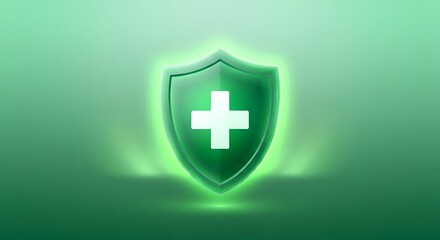 Fototapeta premium Glowing Green Medical Protection Shield Symbol on Dark Green Background