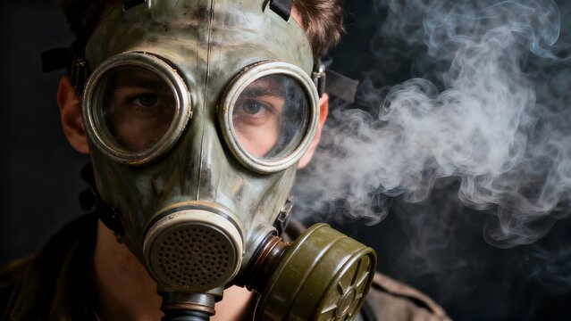 A person wearing an old, olive green gas mask with clear circular eye lenses looks directly forward, while mysterious white smoke billows dramatically from the side, symbolizing protection or danger i