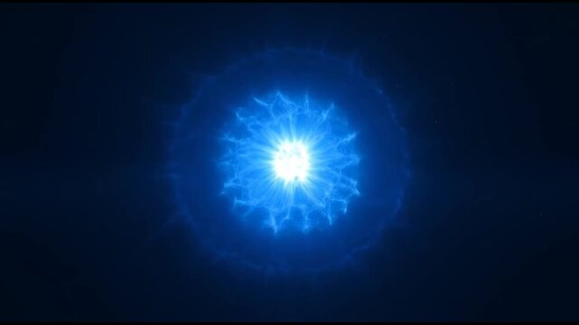 A bright blue glowing orb with a white center shines against a dark background with a radial light effect