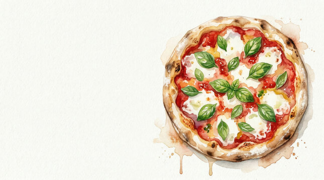 Delicious Italian margherita pizza watercolor illustration