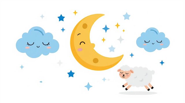 Sleepy Moon Cloud and Sheep Night Time Loop Animation