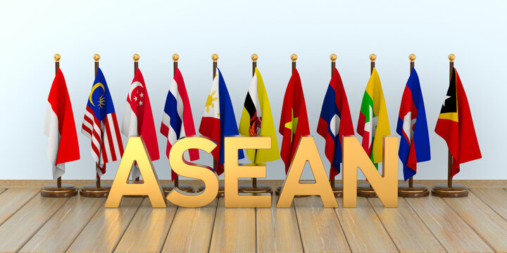 Association of South East Asian Nations flags. 3D illustration