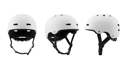 Naklejka premium White matte multi-sport skate helmet set shown from three angles isolated on white background