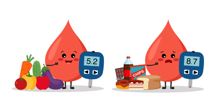 Cute blood cartoon shows glucose level of vegetable real food compare with high carb sweet food.