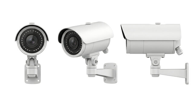 White security CCTV cameras for surveillance and monitoring isolated on white background.