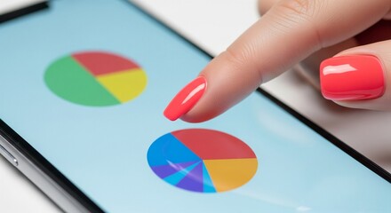 Fototapeta premium Close-up of a finger touching a smartphone screen displaying two colorful pie charts, representing