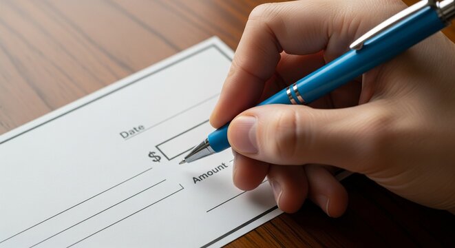 Close-up of a hand holding a pen and writing on a blank check for financial transactions