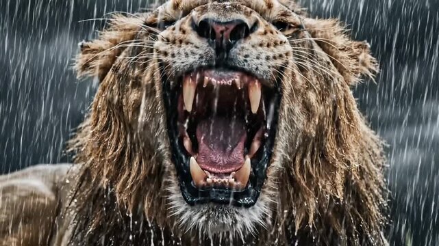 Majestic lion roaring intensely in a rainstorm close-up
