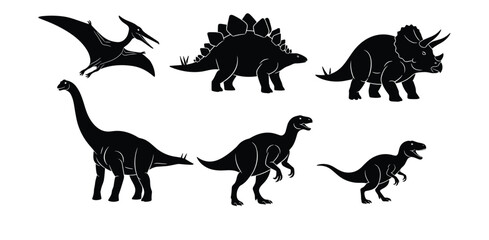  Black vector silhouette set of dinosaurs including Tyrannosaurus Rex Triceratops and Stegosaurus for concepts of prehistoric wildlife paleontology and educational branding, © tajwar