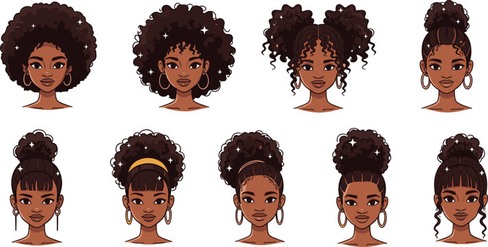 African afro puff hairstyles collection with natural curly hair buns diverse women portraits vector illustration