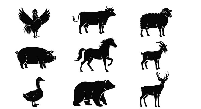 Black vector silhouette set of farm and forest animals for concepts of agriculture livestock wildlife nature conservation and organic branding, (