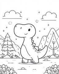 Obraz premium Cute cartoon dinosaur in a minimal line art style designed for children’s coloring pages.Simple clean illustration with playful scenery and friendly character design.