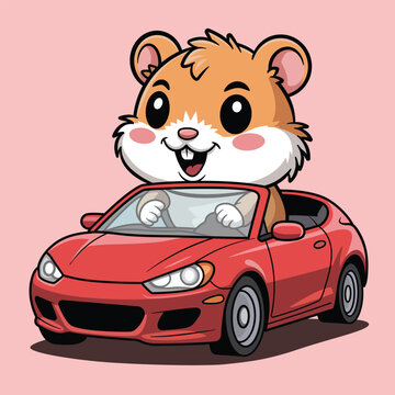 Cute Hamster Driving Red Car 