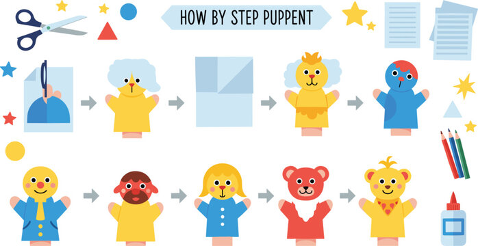 DIY hand puppet making process with paper cutting and crafting steps, kids creative activity tutorial with animal puppets vector illustration set