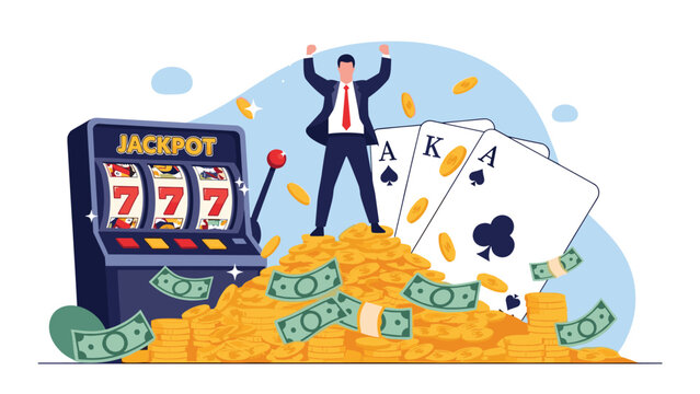 Successful businessman celebrating a big jackpot win with a slot machine, playing cards, and a massive pile of gold coins and cash banknotes.