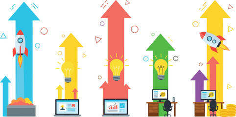 Fototapeta premium Business growth and innovation concept vector illustration with rockets lightbulb ideas rising arrows analytics teamwork and startup development success elements