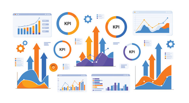 Business analytics dashboard vector illustration with KPI charts graphs data reports performance metrics financial growth and digital marketing analysis interface elements