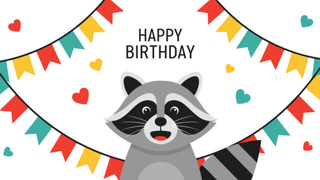 Cute cartoon raccoon face with birthday decorations hearts and text for a happy celebration greeting card.