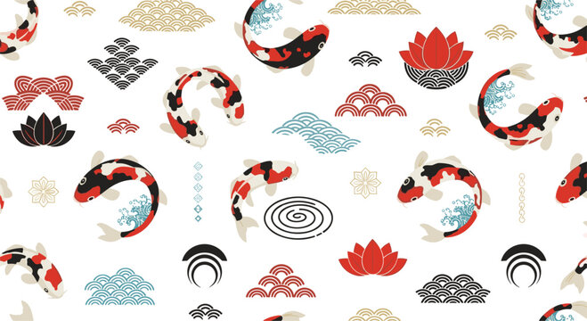 Koi fish and lotus seamless pattern with Japanese wave elements, oriental style decorative background vector illustration
